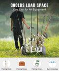 Heavy Duty Beach Fishing Cart with 300 lb load capacity, aluminum pier wagon on 13 inch PU balloon wheels for sand, 8 rod holders.