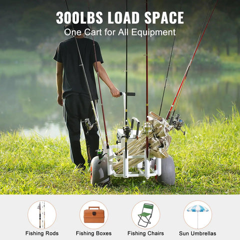 Heavy Duty Beach Fishing Cart with 300 lb load capacity, aluminum pier wagon on 13 inch PU balloon wheels for sand, 8 rod holders.