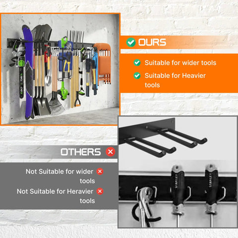 48 Inch Garage Tool Organizer Wall Mount Tough As Nails Heavy Duty Storage Rack With Adjustable Hooks Holds Up To 520lbs Metal Construction Powder Coated Anti Rust Finish Easy Install For Garden Tools Brooms Ladders And More installed on wall holding various tools.