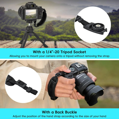 Universal Camera Hand Grip Strap with cushioned grip shown attached to DSLR on tripod with insert of 1/4-20 socket mount.