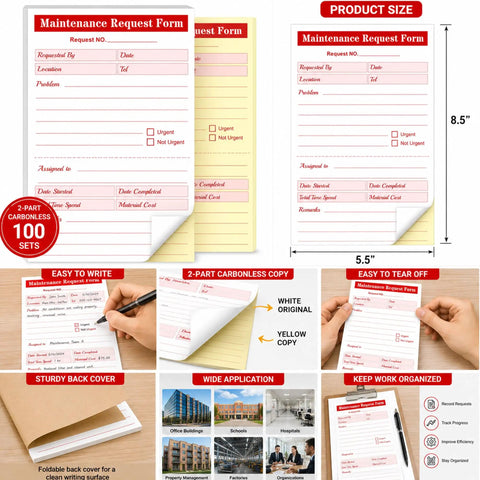Two Part Carbonless Maintenance Request Forms Book Set, 50 Packs of 100 Sheets Per Book, Easy Tear Perforated Copies for Quick Service Requests, Durable Paperwork for Maintenance Teams and Field Technicians, 5.5 x 8.5 in