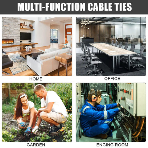 Multi-function cable ties used in home, office, garden, and engine room applications for secure organization.