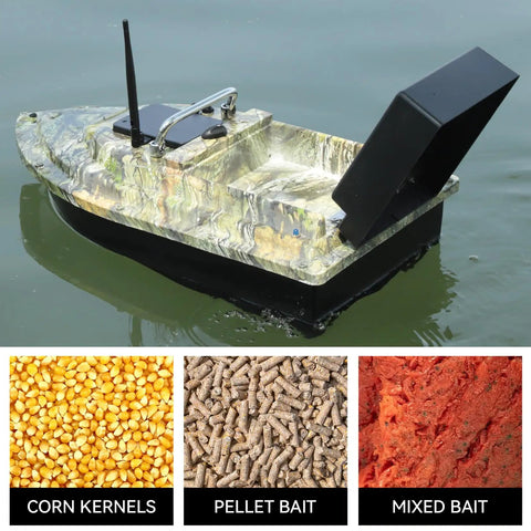 RC Fishing Bait Boat With Dual 5200mAh Batteries And Carrying Bag on water, bait options below