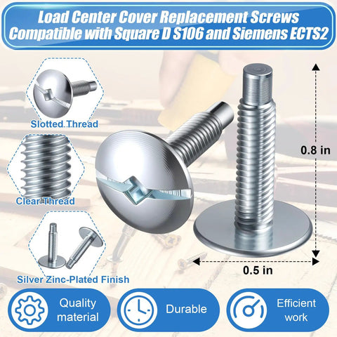 18 Pack Heavy Duty Silver Electrical Panel Screws For Square D Schneider Qo Homeline Siemens Murray Load Center Breaker Box Hardware Rock Solid Grip No Sweat Installation close-up view, 0.8 inch zinc-plated screws.