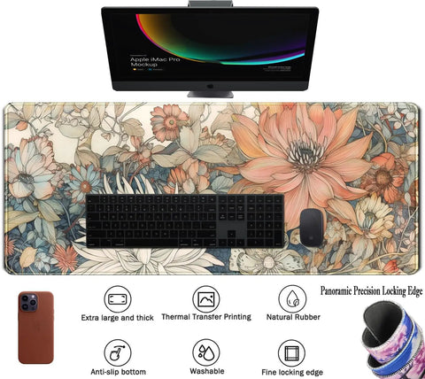 Ultra Large Floral Desk Mat For Gaming And Work 31.5 By 11.8 Inches With Stitched Edges An Extended Mouse Pad For Keyboard And Laptop Non Slip Rubber Base Dope Floral Office Decor For Women And Girls on desk with computer and phone.