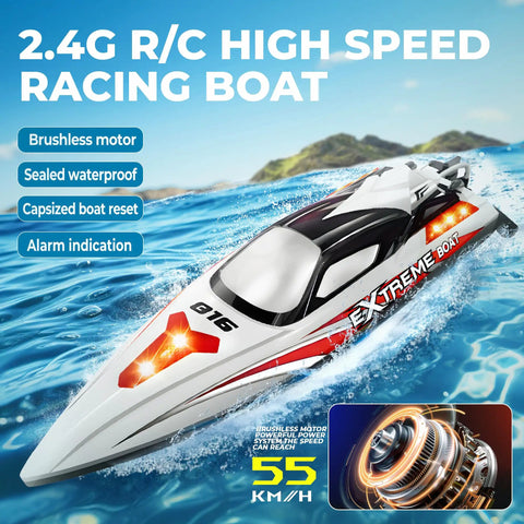 18 Inch Brushless RC Boat For Adults And Kids, Blazing 55 KPH Speed showcased on blue lake background