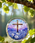 Floral Branches Acrylic Puzzle Sun Catcher For Doors And Windows Two In One Kit hanging on tree branch, cross design