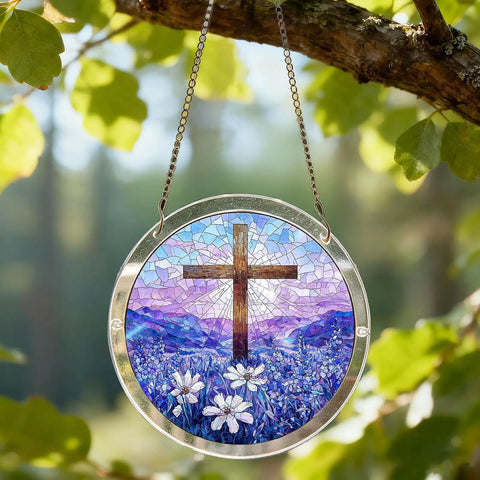 Floral Branches Acrylic Puzzle Sun Catcher For Doors And Windows Two In One Kit hanging on tree branch, cross design