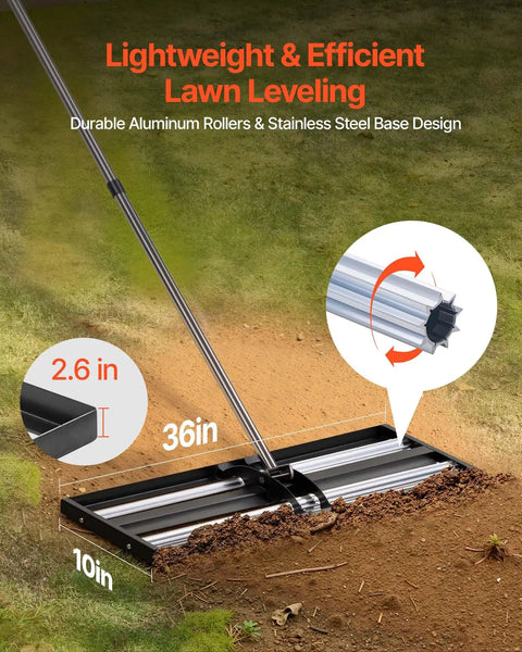 Roller Lawn Leveling Rake with 83.9 Inch Adjustable Handle, 36x10 Inch Stainless Steel Yard Leveler on a lawn surface