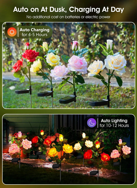 Day and night view of Dope 4 Pack Solar LED Rose Lights With Realistic Blooming Roses Bigger Solar Panel Waterproof Stakes Adjustable Stems