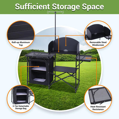 All In One Camping Kitchen Station With Light Stand And Windshield Portable Foldable Grill Table And Cook Station Picnic Table