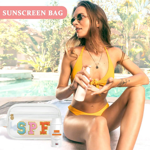 Woman by pool with clear sunscreen bag for beach days and travel waterproof toiletry organizer pouch with sunscreen.