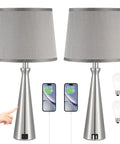 Set of 2 Dimmable Touch Nightstand Lamps With USB C And USB A Charging Ports Gray Lampshade With Nickel Stand 22.4 Inch Tall