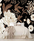 Floral Wall Mural Peonies And Roses In Gold White Vintage Look Seamless Wallpaper 5-Piece Set above a bed in a living room