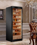 Premium 380L Humidor Cabinet With Constant Temperature And Humidity Wood Frame In Piano Black Finish Seven Premium Cedar Trays