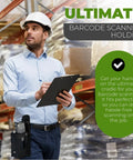 Person in warehouse wearing barcode scanner holster with pistol grip, checking products, demonstrating Large Barcode Scanner Holster Made From Ballistic Nylon For Pistol Grip Mobile Computers With Belt Clip Belt Loop And Shoulder Strap Fits Zebra MC9500 9300 9200 9100 And Other Large Scanners For Easy On The Job Access.