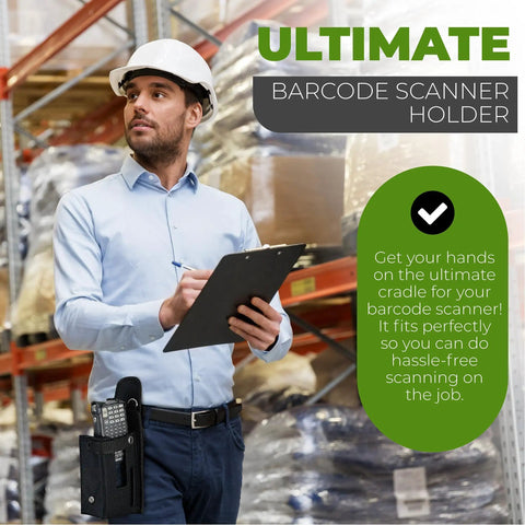 Person in warehouse wearing barcode scanner holster with pistol grip, checking products, demonstrating Large Barcode Scanner Holster Made From Ballistic Nylon For Pistol Grip Mobile Computers With Belt Clip Belt Loop And Shoulder Strap Fits Zebra MC9500 9300 9200 9100 And Other Large Scanners For Easy On The Job Access.