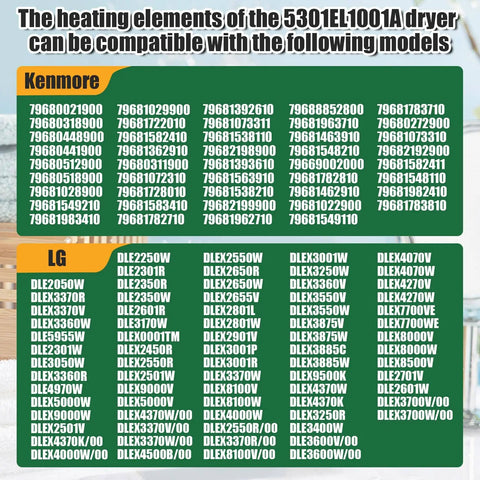 Chart showing compatibility for dryer heating elements model 5301EL1001A with Kenmore and LG dryer models.