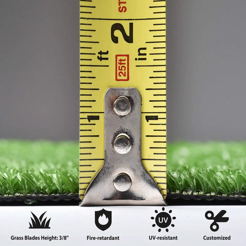 Measuring tape showing pile height on Indoor Batting Cage Turf Mat Set, 0.4 inch pile, synthetic grass, 1950 sq ft total.