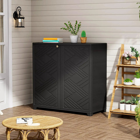 All Weather Indoor And Outdoor Storage Cabinet Waterproof Plastic Box Black 34 Inch By 15 Inch By 34 Inch With Two Shelves For Garden Balcony And Bathroom DIY Ready Easy Open Durable