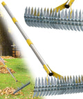 55 Inch Long Stainless Steel 2 In 1 Thatch Rake For Lawn With Sharp Dethatching Blade And Manual Scarifier, shown in use on grass.