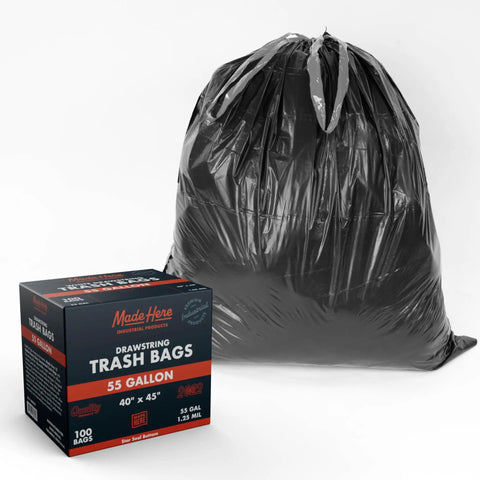 55 Gallon Heavy Duty Trash Bags With Drawstring Closure For Office Janitorial And Facility Use, Black Leak Resistant Waste Can Liners, box and filled bag