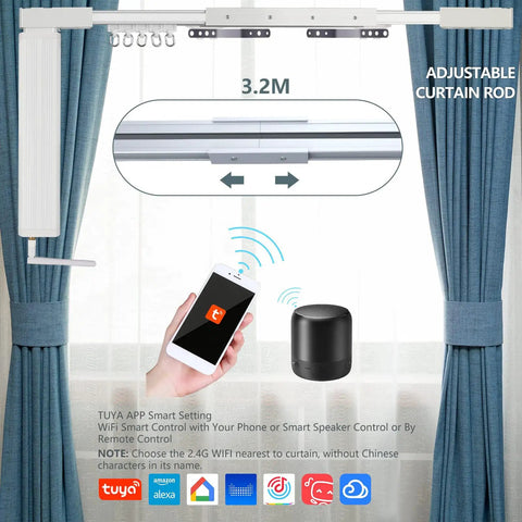 Smart Curtain Track System With WiFi Phone Control And Voice Control For Alexa And Google Home Tuya App Remote Access Motorized Curtain Rods For Auto Opening And Closing Works With Remote 125 Feet, 3.2M adjustable track