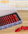 Router Table Setup Blocks Kit 14 Piece Aluminum Set For Woodworking in protective case, showing stackable aluminum blocks.