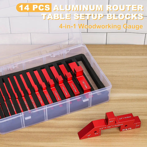 Router Table Setup Blocks Kit 14 Piece Aluminum Set For Woodworking in protective case, showing stackable aluminum blocks.