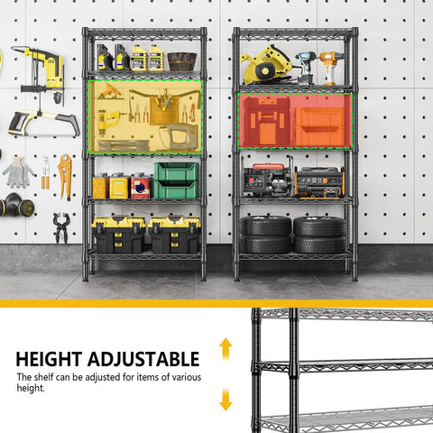 Heavy Duty 5 Tier Metal Storage Shelves with Wire Racks for Garage Kitchen Bathroom and Laundry, 1250 Lbs Capacity, Space Saving Freestanding Organizer, Black Finish, 13.8 D x 29.5 W x 59.5 H; adjustable garage storage