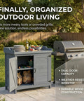 All Weather Wood Garden Storage Cabinet With Built In Workbench And Potting Table Waterproof Tool Shed for Outdoor Lawn and Patio in use on patio