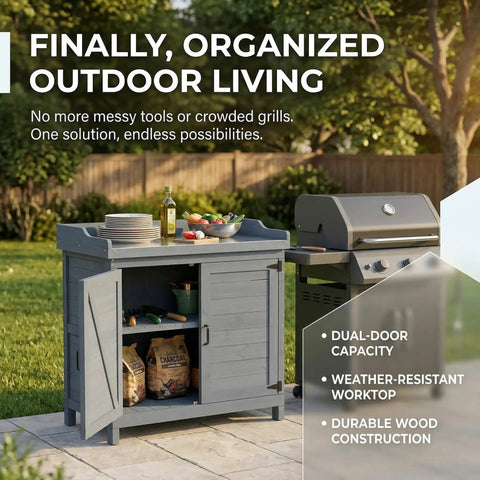All Weather Wood Garden Storage Cabinet With Built In Workbench And Potting Table Waterproof Tool Shed for Outdoor Lawn and Patio in use on patio