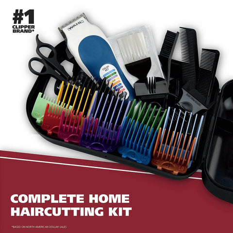 Color Pro Complete Haircutting Kit With Easy Color Coded Guide Combs For Corded Clipper Clipping And Grooming Men Women And Children Model 3029694 All In One Kit with scissors, combs, and clippers in a storage tray