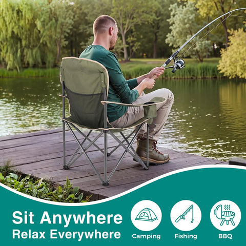 Man sitting on Foldable Camping Chair With Cup Holder, Non Slip Feet, Heavy Duty Portable Collapsible Lawn Chair for fishing
