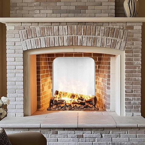 Stainless Steel Fireplace Heat Deflector With Adjustable Feet For Wood Burning Fireplaces, Easy Install Back Panel Backplate in use.