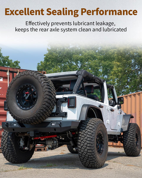 Jeep Wrangler with aftermarket off-road tires highlighting rear axle strength for Rear Axle Bearing And Seal Kit For Wrangler JK JKU 2007 2017 Axle Shaft Seal Retainer Replacement 68008523AA Durable Steel Bearings And Rubber Seals For Off Road Maintenance And DIY Install