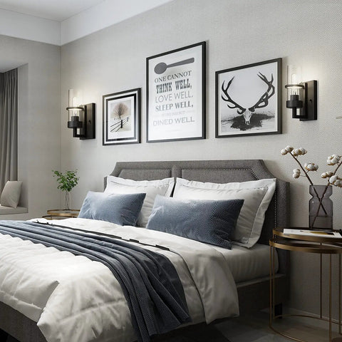Bedroom with Black Industrial Wall Light Fixtures With Clear Glass Wall Mount Sconces Vintage Style Sconce Lamp For Living Room Bedroom And Hallway Matte Black Finish Explosion Proof Glass Shade Bulb Not Included above bed