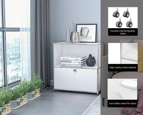 Modern white 32.5 Inch Flip Top Side Table With Wheels Versatile Storage Buffet Cabinet in living room, plants nearby.