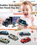 Child playing with Big Transport Car Carrier Set With 12 Die Cast Vehicles And 8 Traffic Signs For Kids Ages 3 To 7 Durable Plastic