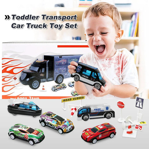 Child playing with Big Transport Car Carrier Set With 12 Die Cast Vehicles And 8 Traffic Signs For Kids Ages 3 To 7 Durable Plastic