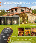 Remote control and patio with 56 Ft Solar String Lights With Remote And USB Charging, 27 Shatterproof G40 Bulbs, Dimmable