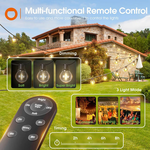 Remote control and patio with 56 Ft Solar String Lights With Remote And USB Charging, 27 Shatterproof G40 Bulbs, Dimmable