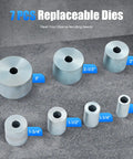Seven replaceable metal dies for heavy duty manual pipe bender, sizes ranging from 1 to 3 inches for precise bending.
