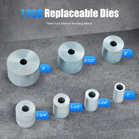 Seven replaceable metal dies for heavy duty manual pipe bender, sizes ranging from 1 to 3 inches for precise bending.