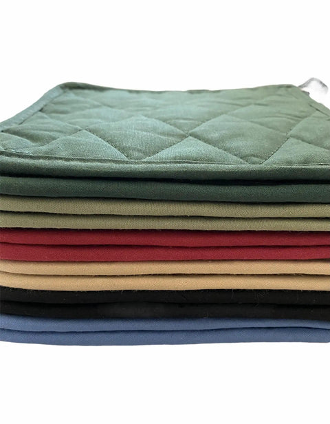 Heavy Duty 12 Pack Square Pot Holders Hella Heat Resistant Kitchen Hot Pads Quilted Cotton Padding Machine Washable Trivets For Baking And Tailgating 8X8 Inch stacked in various colors.