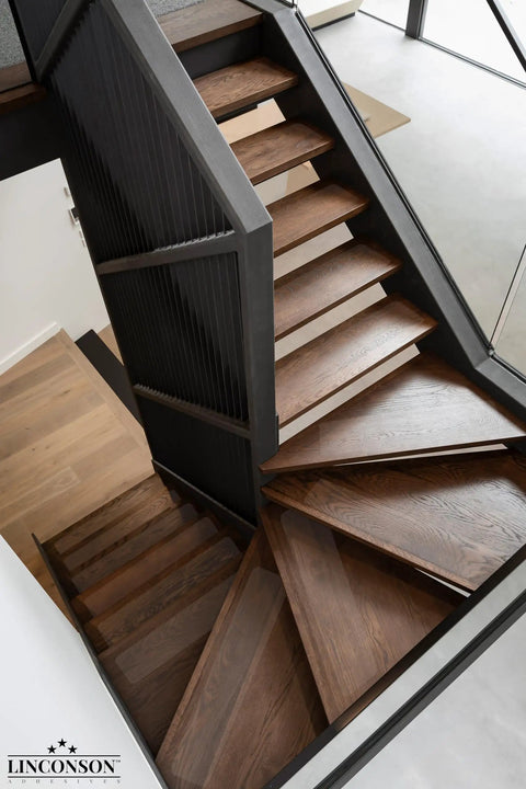 Wooden staircase with Clear No Slip Stair Tread Tape 4x32 Inches With Anti Slip Strips PVC Free 15 Pack installed