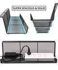 Two Pack 17 Inch Under Desk Cable Tray Mesh Metal Cord Organizer For Standing Desk And Office Keeps Cables Neat And Tidy With Big Capacity For Power Strips And USB Cables Black on display from three angles, highlighting sturdiness and size.