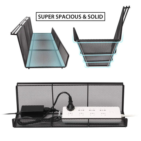 Two Pack 17 Inch Under Desk Cable Tray Mesh Metal Cord Organizer For Standing Desk And Office Keeps Cables Neat And Tidy With Big Capacity For Power Strips And USB Cables Black on display from three angles, highlighting sturdiness and size.