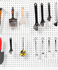 4 Inch Pegboard Hooks 25 Pack Pegboard Organizer Kit For Garage Storage And Tool Workshop Organization, Heavy Duty L Shape Hooks With 20lb Capacity Fits Standard Pegboards At Home Or Shop shown organizing tools.