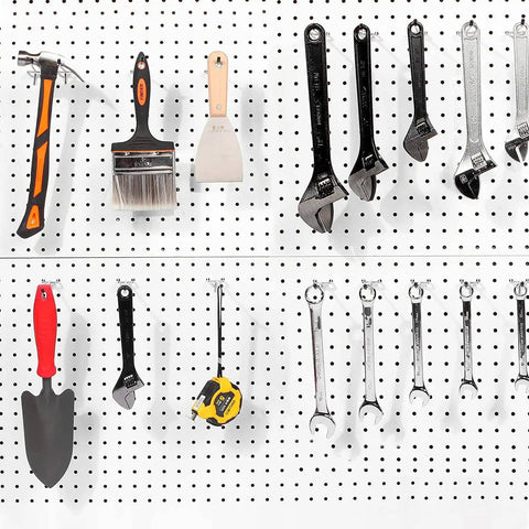 4 Inch Pegboard Hooks 25 Pack Pegboard Organizer Kit For Garage Storage And Tool Workshop Organization, Heavy Duty L Shape Hooks With 20lb Capacity Fits Standard Pegboards At Home Or Shop shown organizing tools.